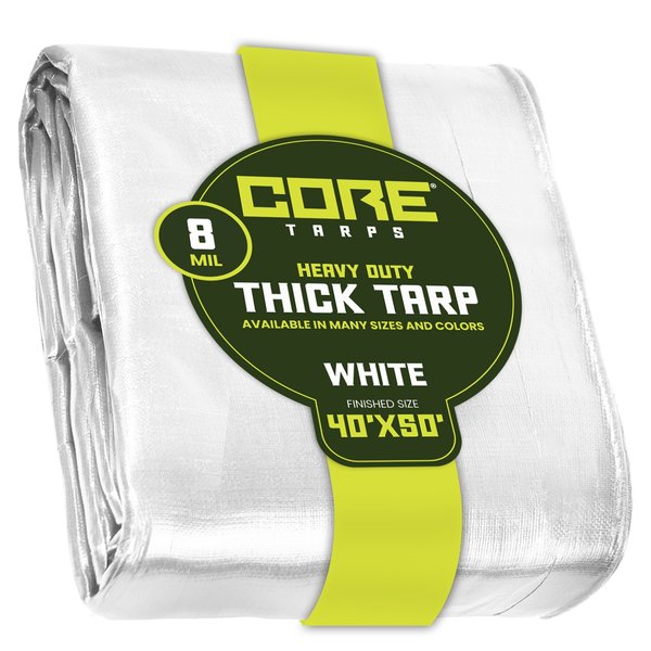 Core Tarps 50 ft L x 0.5 mm H x 40 ft W Heavy Duty 8 Mil Tarp, White, Polyethylene CT-404-40X50